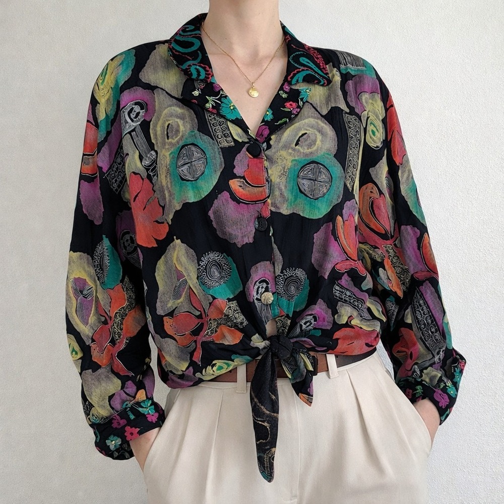 VTG Carole Little Rayon Blouse Womens L Abstract Floral Button Tie Art Teacher